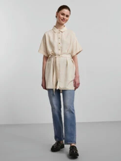 Pieces PCSUNNA LINEN-BLEND DRESS -Piece Clothing Shop 17126580 WhitecapGray 005